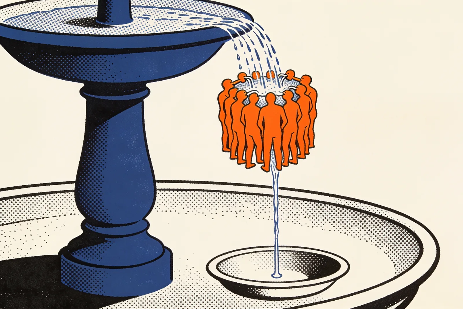 Crowd drinking falling fountain water midway, leaving only a thin trickle for the basin below