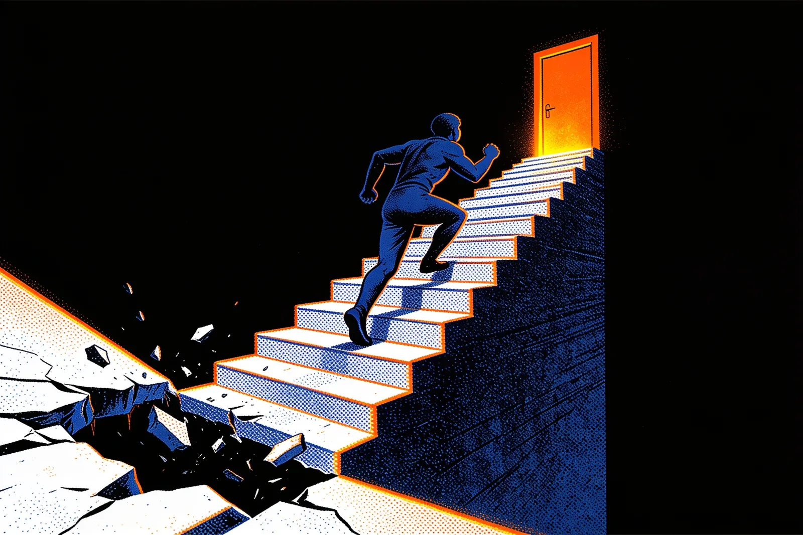Figure climbing toward a lit doorway up a staircase whose lowest steps have crumbled away