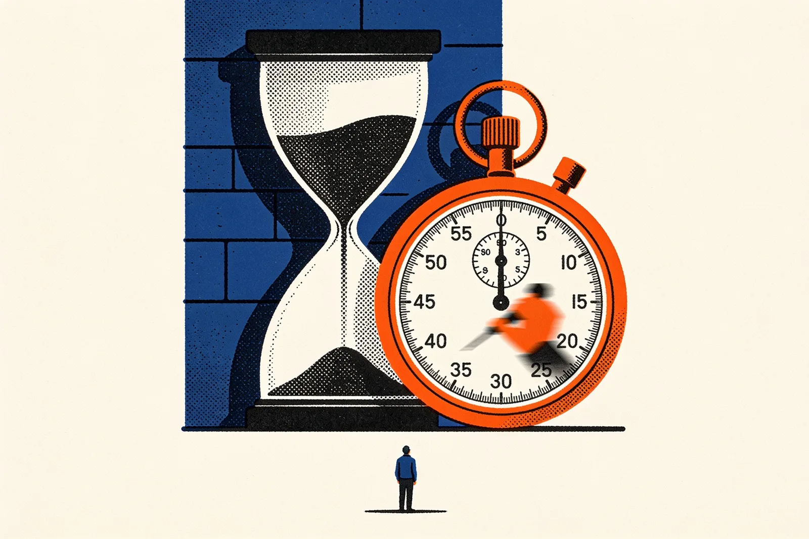 Slow hourglass beside a racing stopwatch, a small figure looking up at both