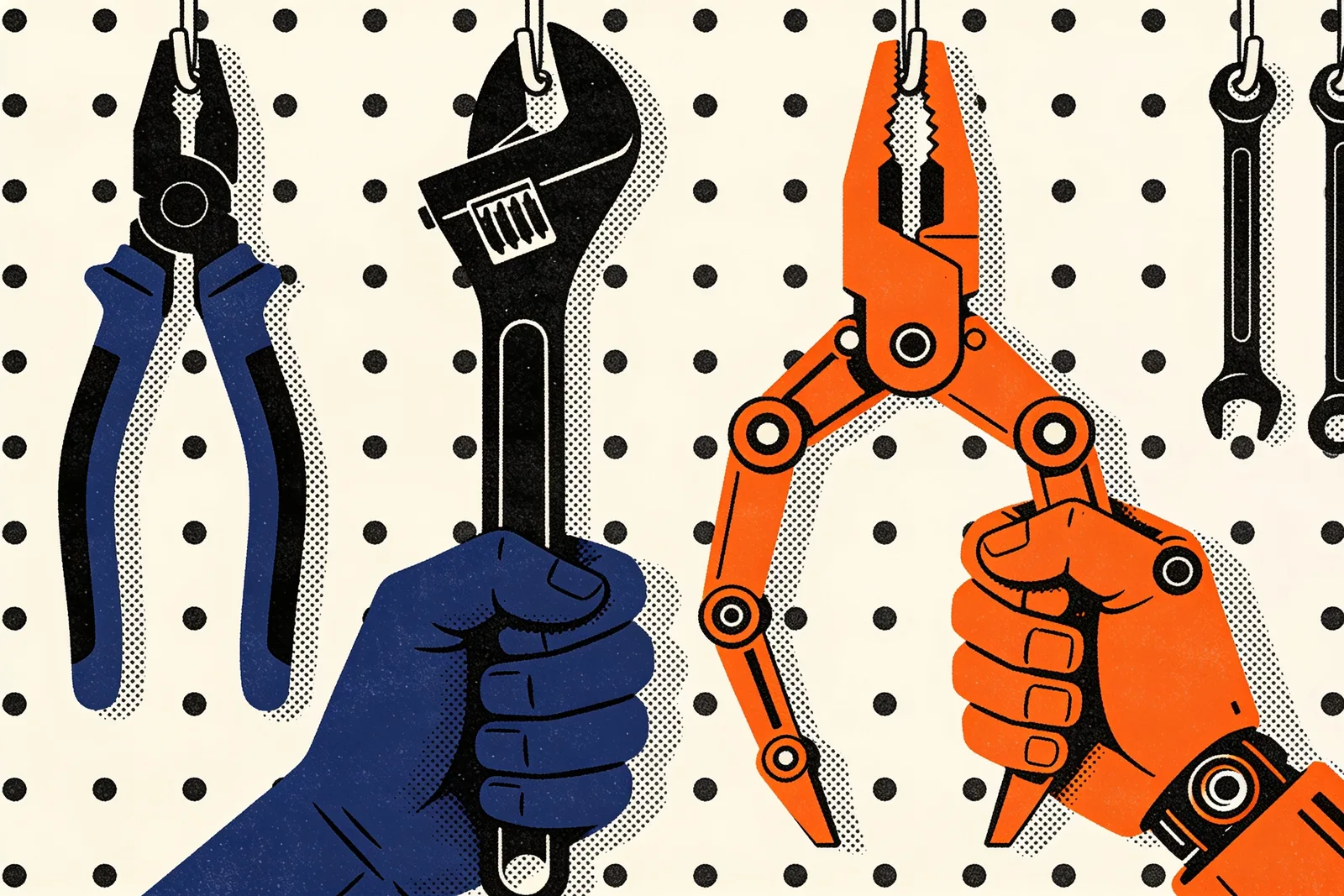 Human hand and robotic claw each gripping tools from a shared workshop pegboard rack