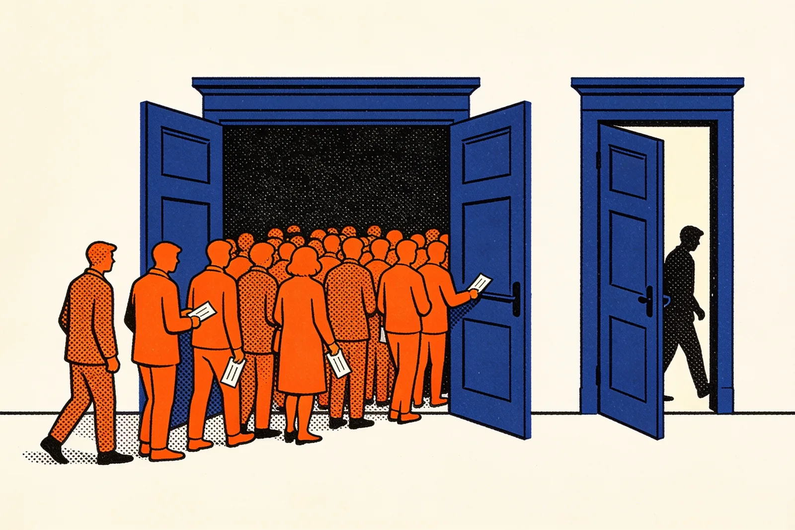 Crowd with tickets entering a wide door while one figure slips through a narrow side door