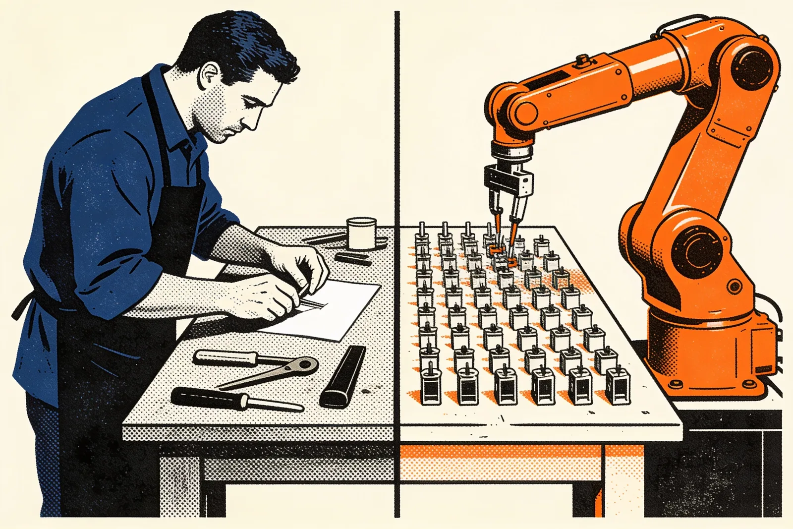 Craftsman working by hand at one bench beside a robotic arm assembling many parts at once
