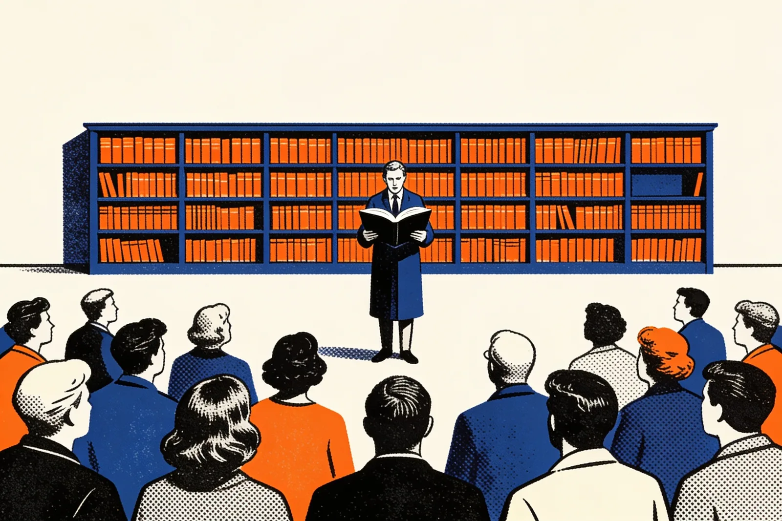 Librarian reading a passage aloud to a listening crowd while ranked shelves stand ignored behind