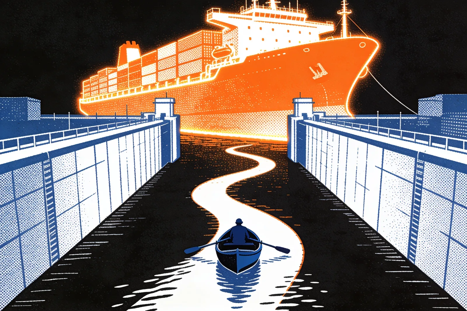 Small rowboat gliding down a narrow canal while a vast cargo ship sits stranded at the entrance