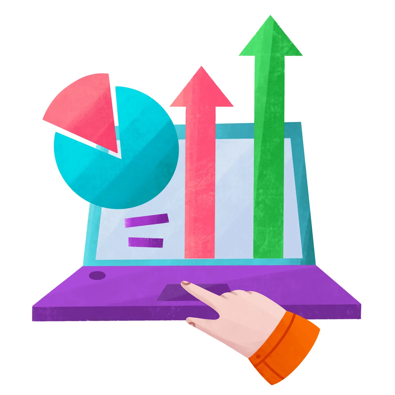 a pie chart and arrows on laptop drawing