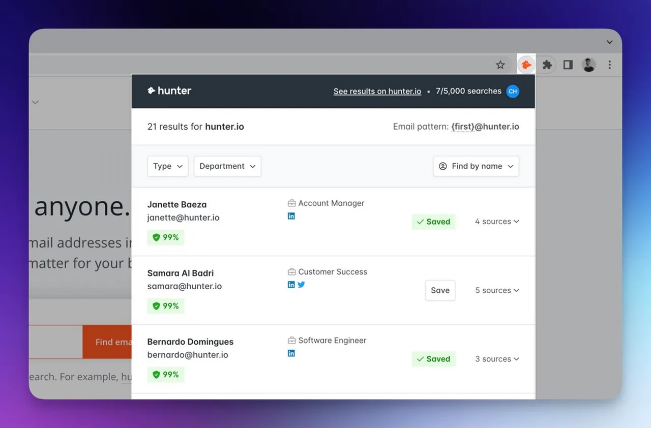 ein Bildschirmfoto von Hunter, einer E-Mail-Finder-Erweiterung für Chromebrowser