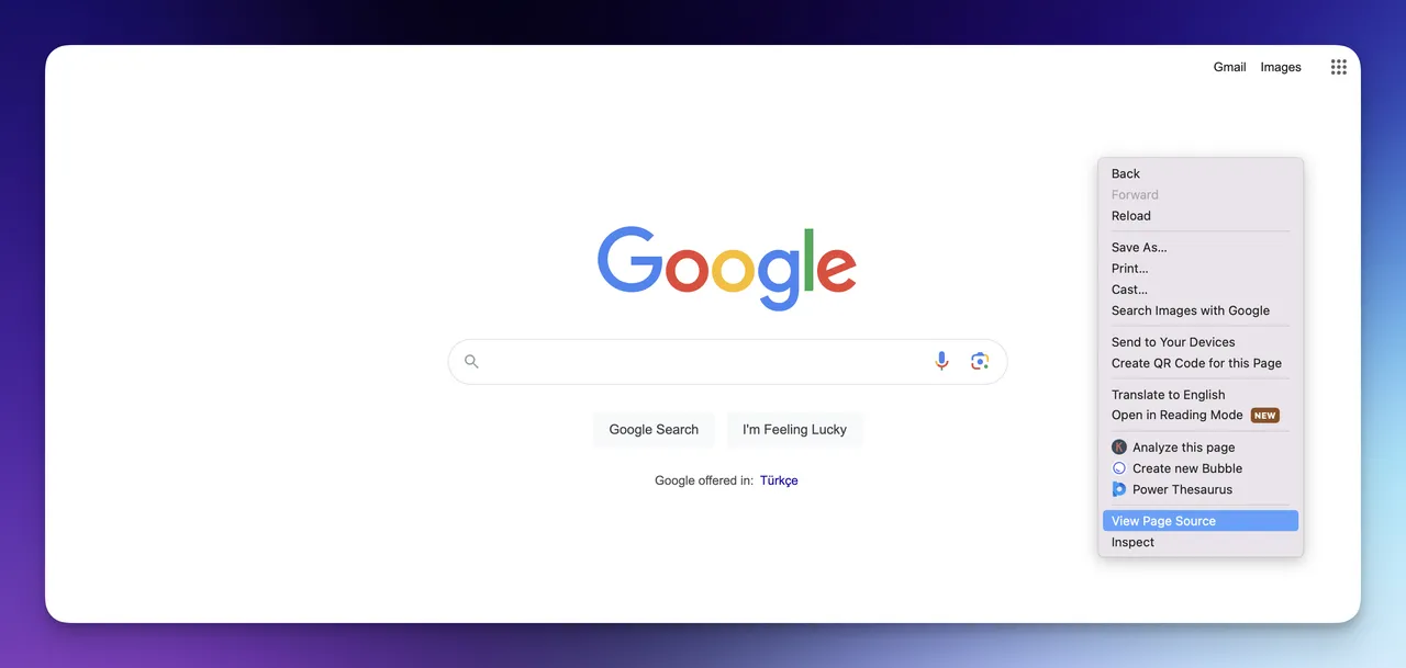 clicking the view page source option on a web page