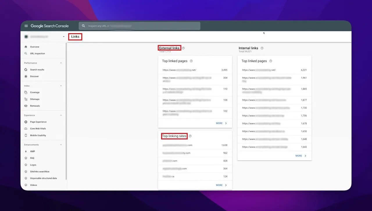 Die Registerkarte Links der Google Search Console
