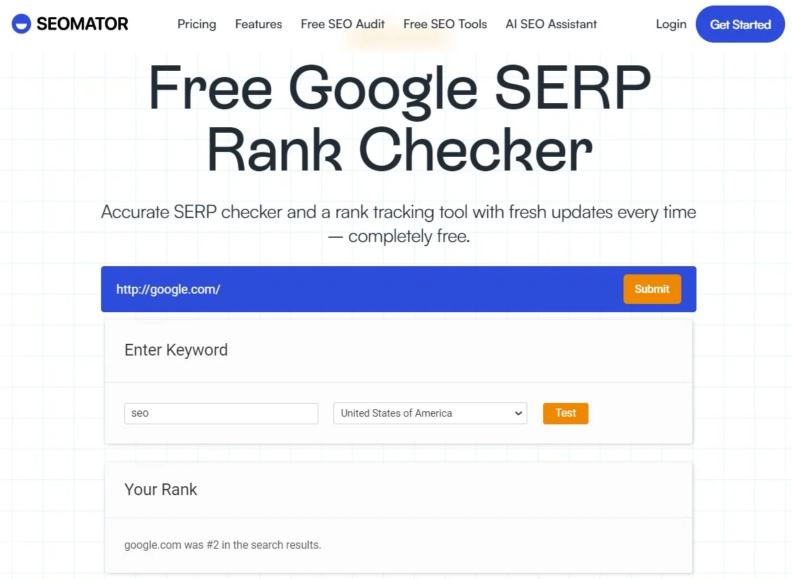 SEOmator's Google SERP Rank Checker tool