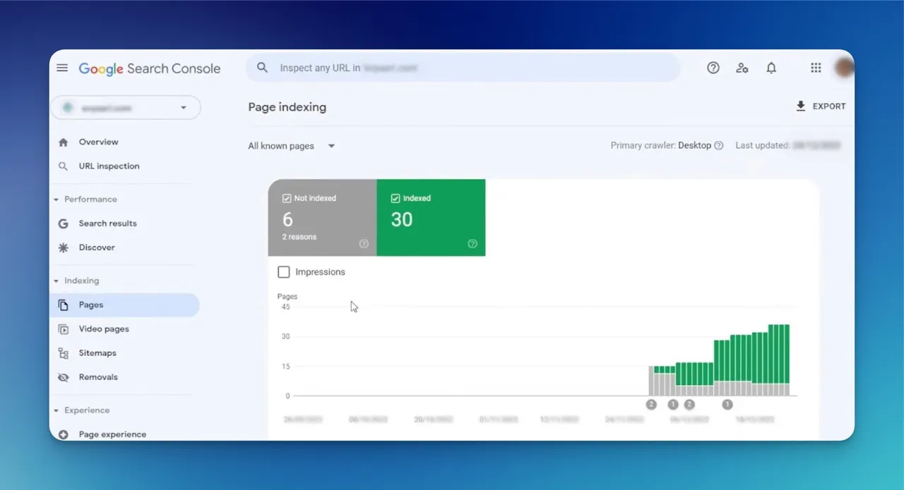 Google Search Console Seitenindexierungsbericht zeigt Anzahl indexierter Seiten und Aufschlüsselung der Indexierungsprobleme