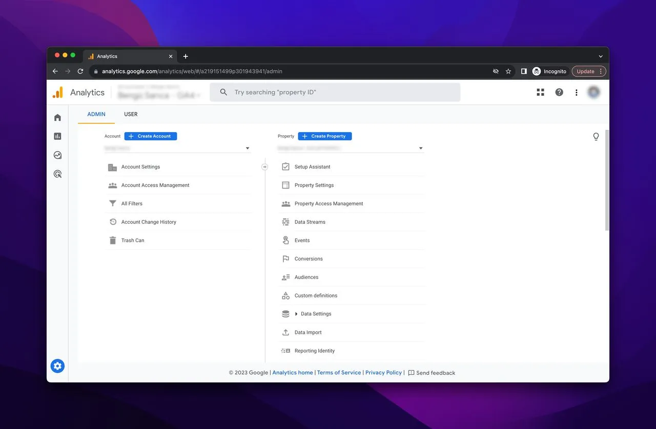 admin panel of Google Analytics 4