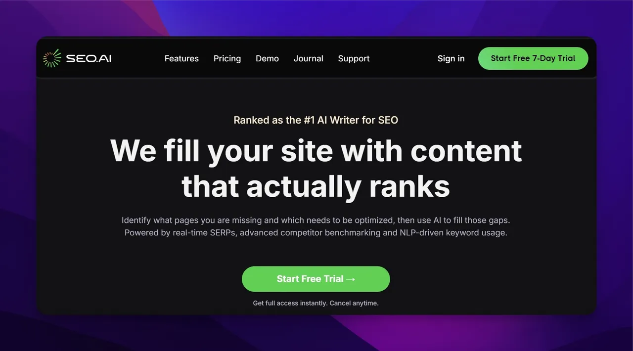 SEO.AI homepage showing AI content optimization interface