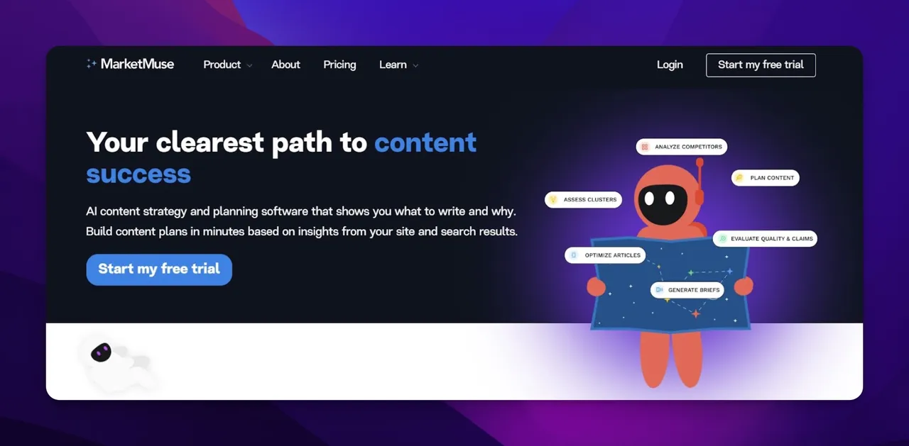 MarketMuse homepage showing content strategy and topic modeling tools