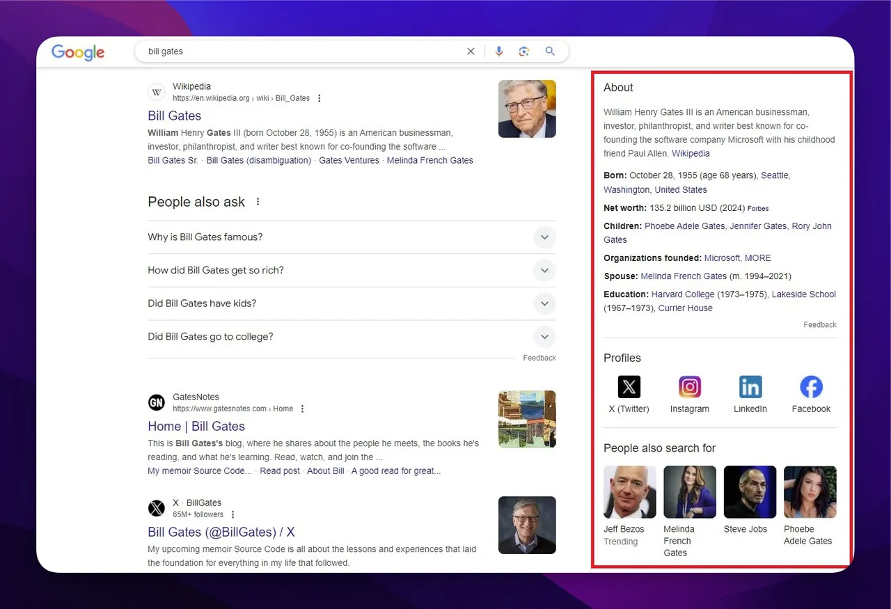 bill gates' knowledge panel auf der google-suche