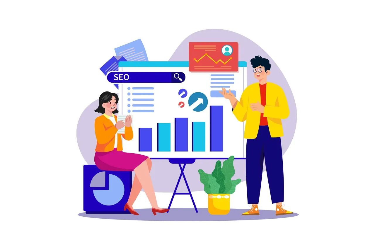 an illustrated man and a woman discussinf seo-friendly cms