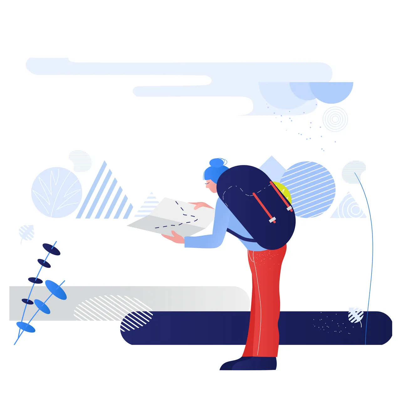 an illustrated woman looking at the map to find her way