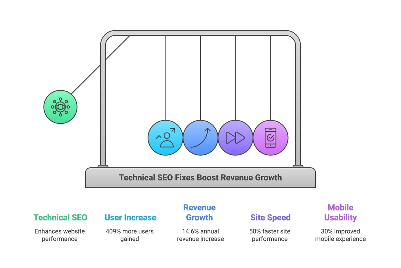 Infographic showing categories of technical SEO issues including on-page, off-page, and site architecture problems