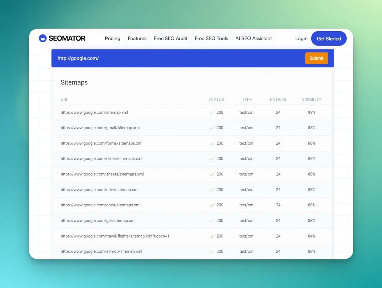 SEOmator Sitemap-Finder-Tool-Oberfläche mit URL-Eingabefeld und Absenden-Button