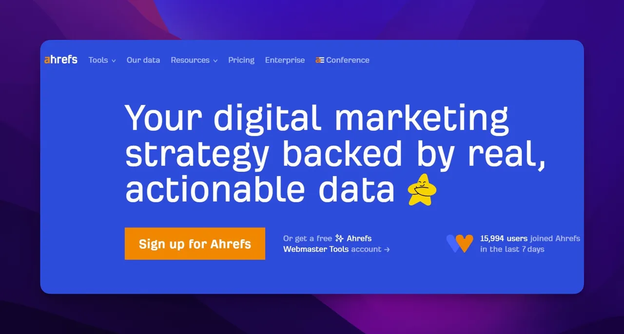 Ahrefs homepage showing site explorer and backlink analysis