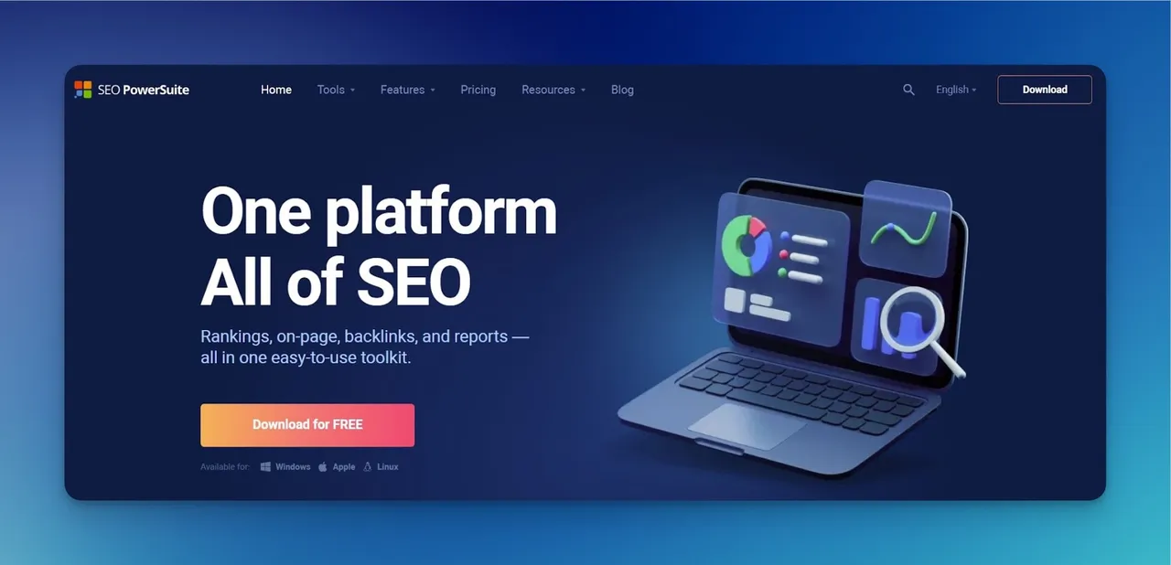SEO PowerSuite desktop application interface with site audit and backlink analysis modules