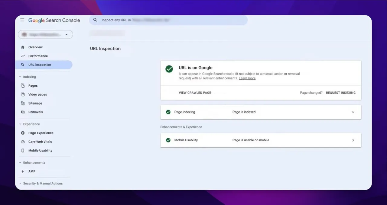 URL-Inspektionsbildschirm in der Google Search Console