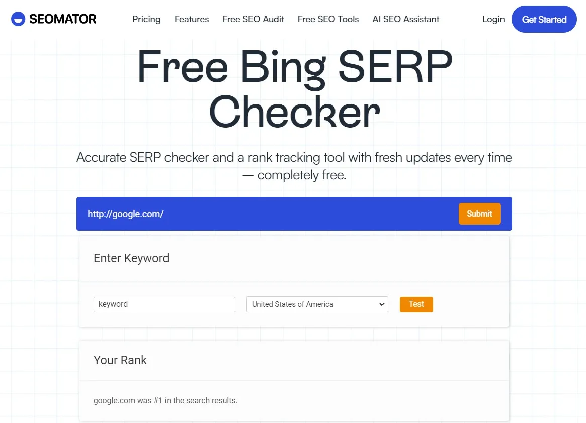 SEOmator's Bing SERP Checker tool