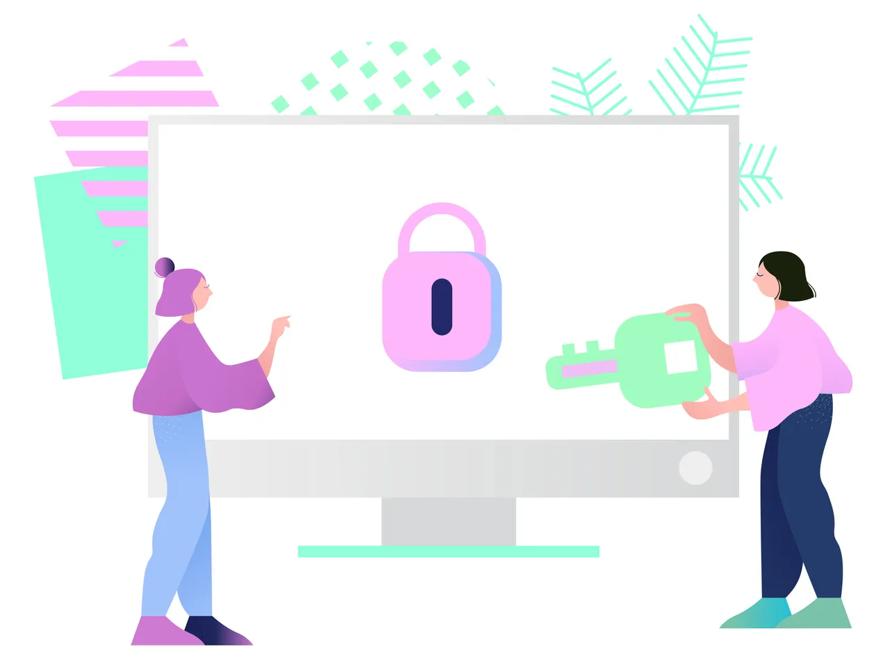 Web security theme illustration with two woman next to the secure desktop pc