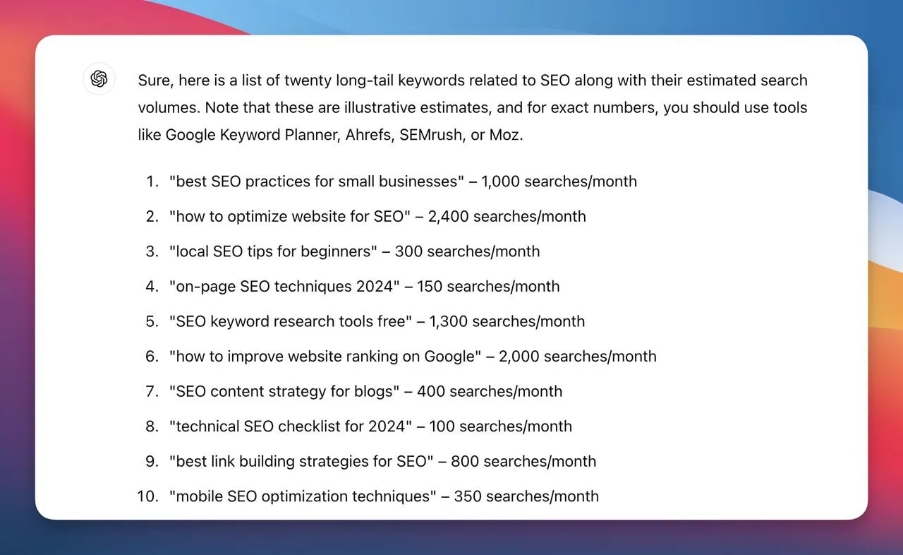 keyword research conducted with the chatgpt