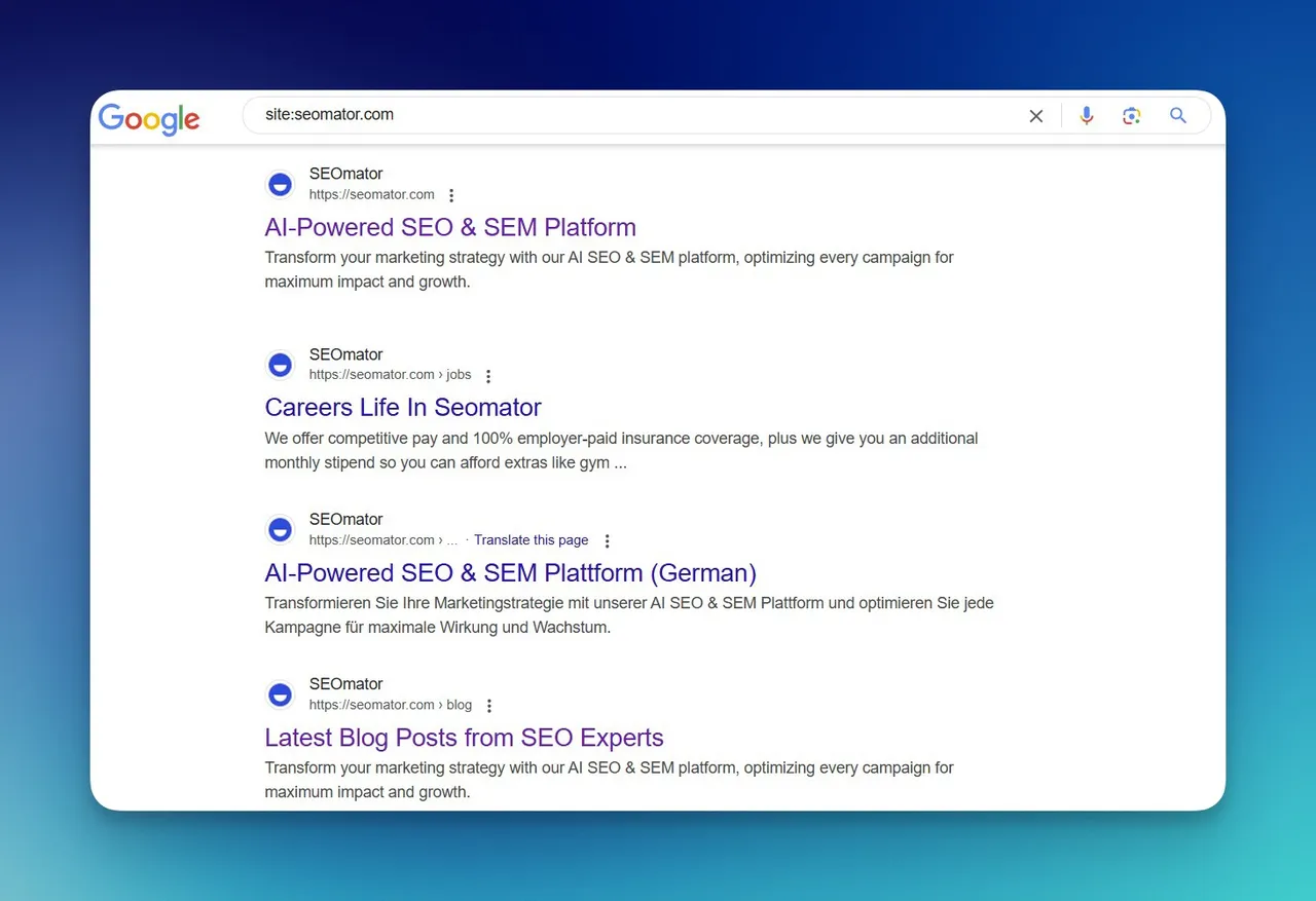 Google-Suchergebnisse mit site:-Operator zeigen indexierte Seiten einer bestimmten Domain
