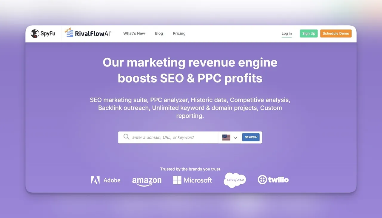 SpyFu-Startseite mit Wettbewerbs-Keyword- und PPC-Recherche-Tools