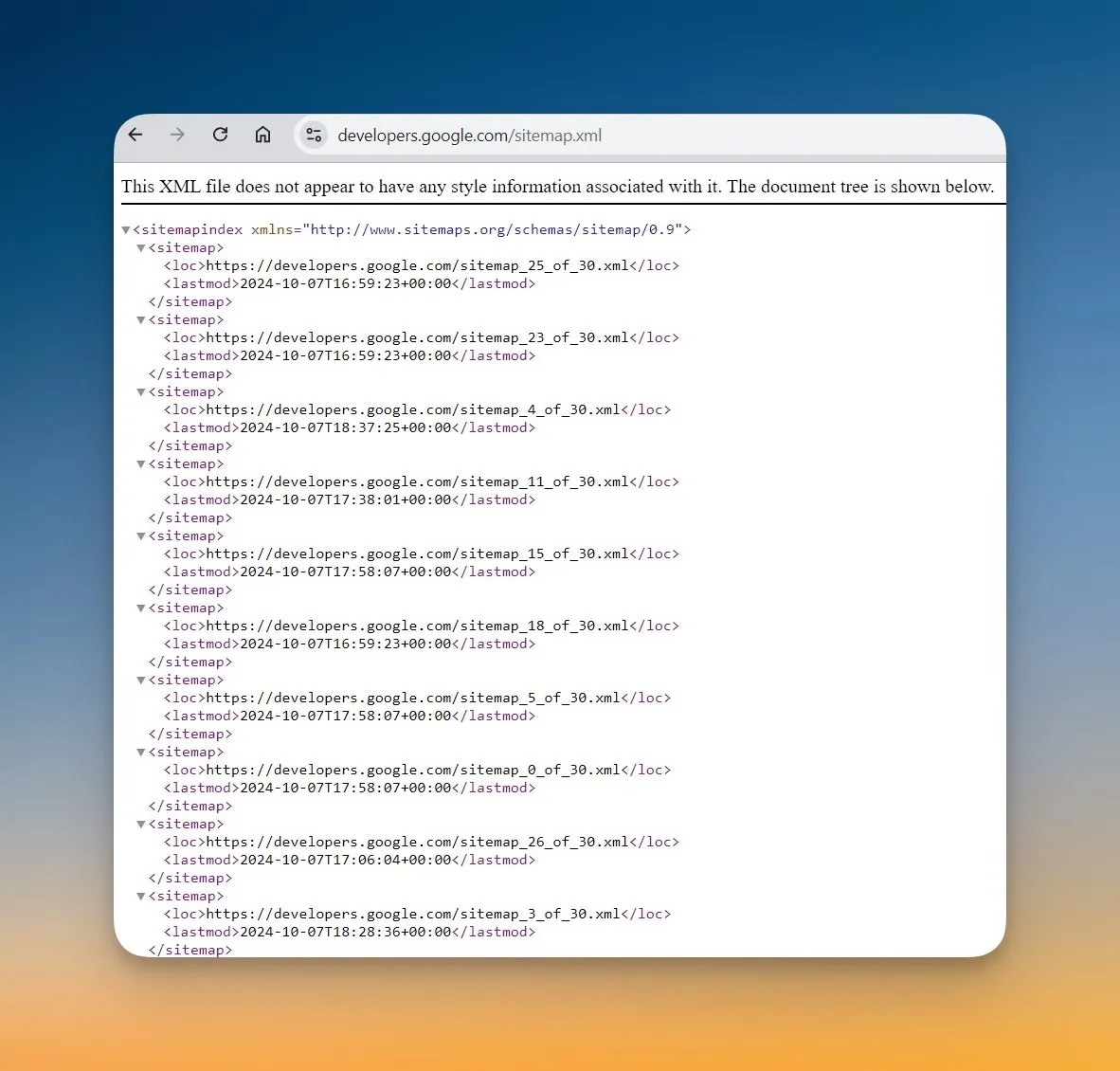 XML sitemap file displaying structured URLs and last modification dates in a browser