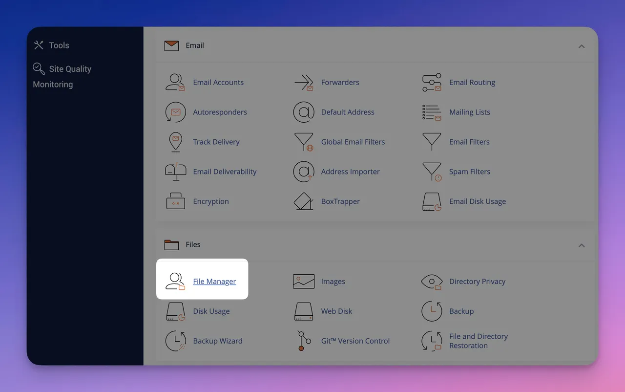 accessing to the file manager through cpanel