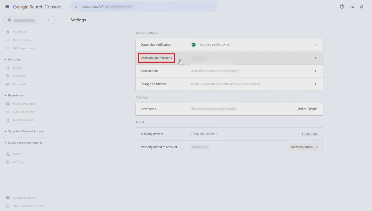 users and permissions section on Google Search Console