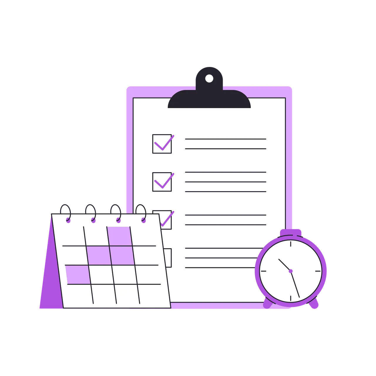 eine Checkliste, einen Kalender und eine Uhr
