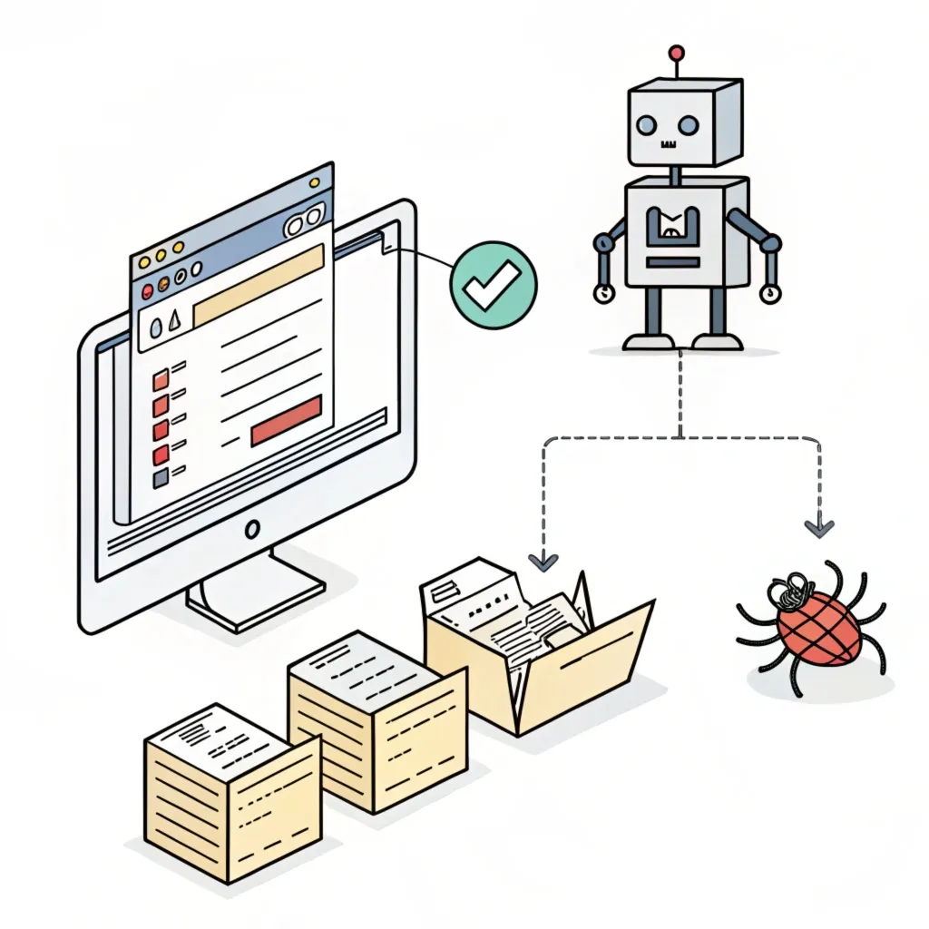 Illustration eines Googlebot-Spiders, der eine Webseite crawlt, um Inhalte zu entdecken und zu indexieren