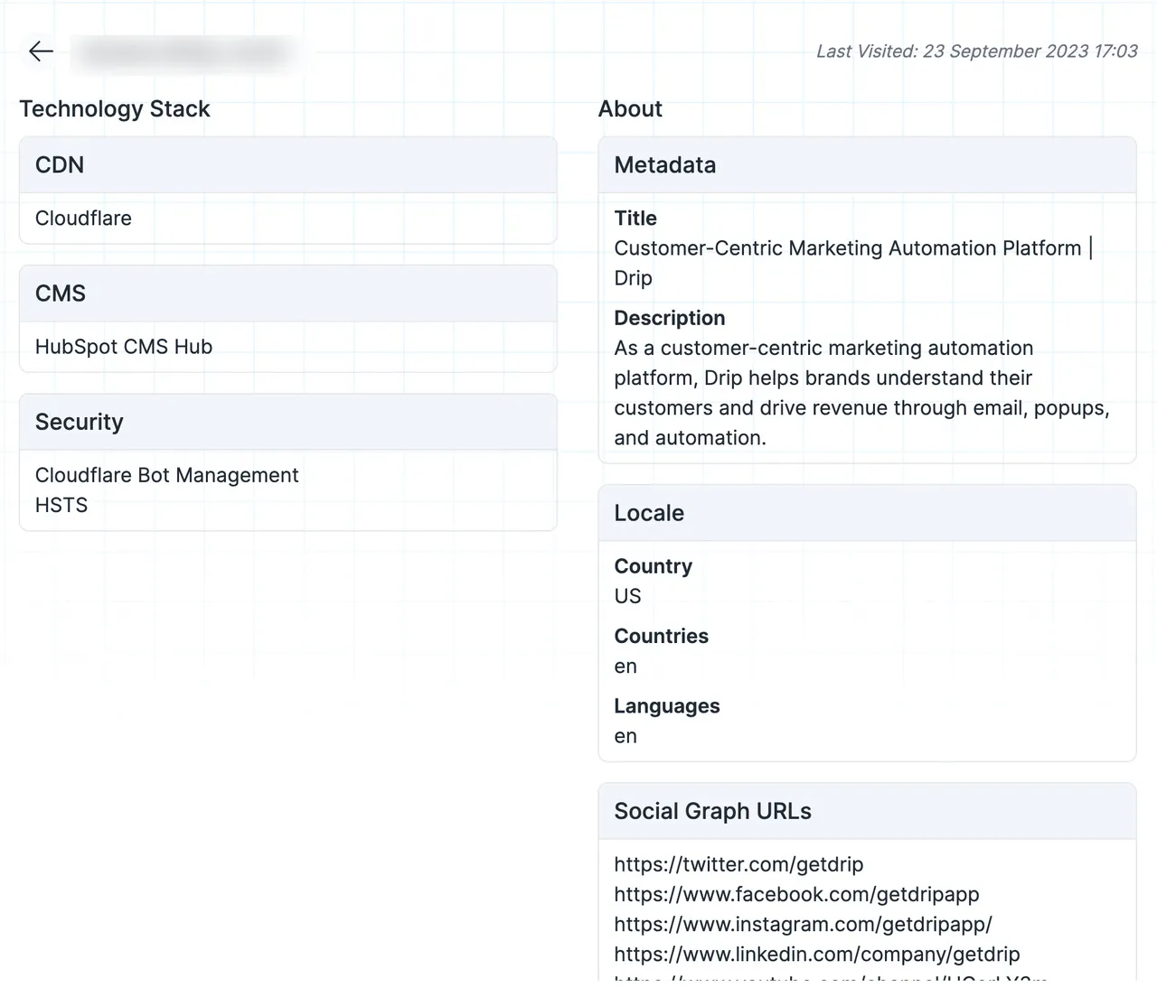 SEOmator website technology checker showing detected CMS, frameworks, and server software for a sample website