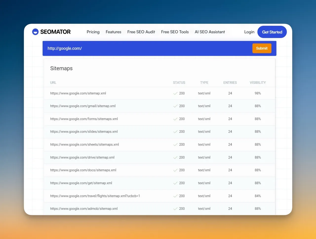 SEOmator-Sitemap-Finder-Oberfläche mit URL-Eingabefeld und Submit-Button zum Auffinden von Website-Sitemaps