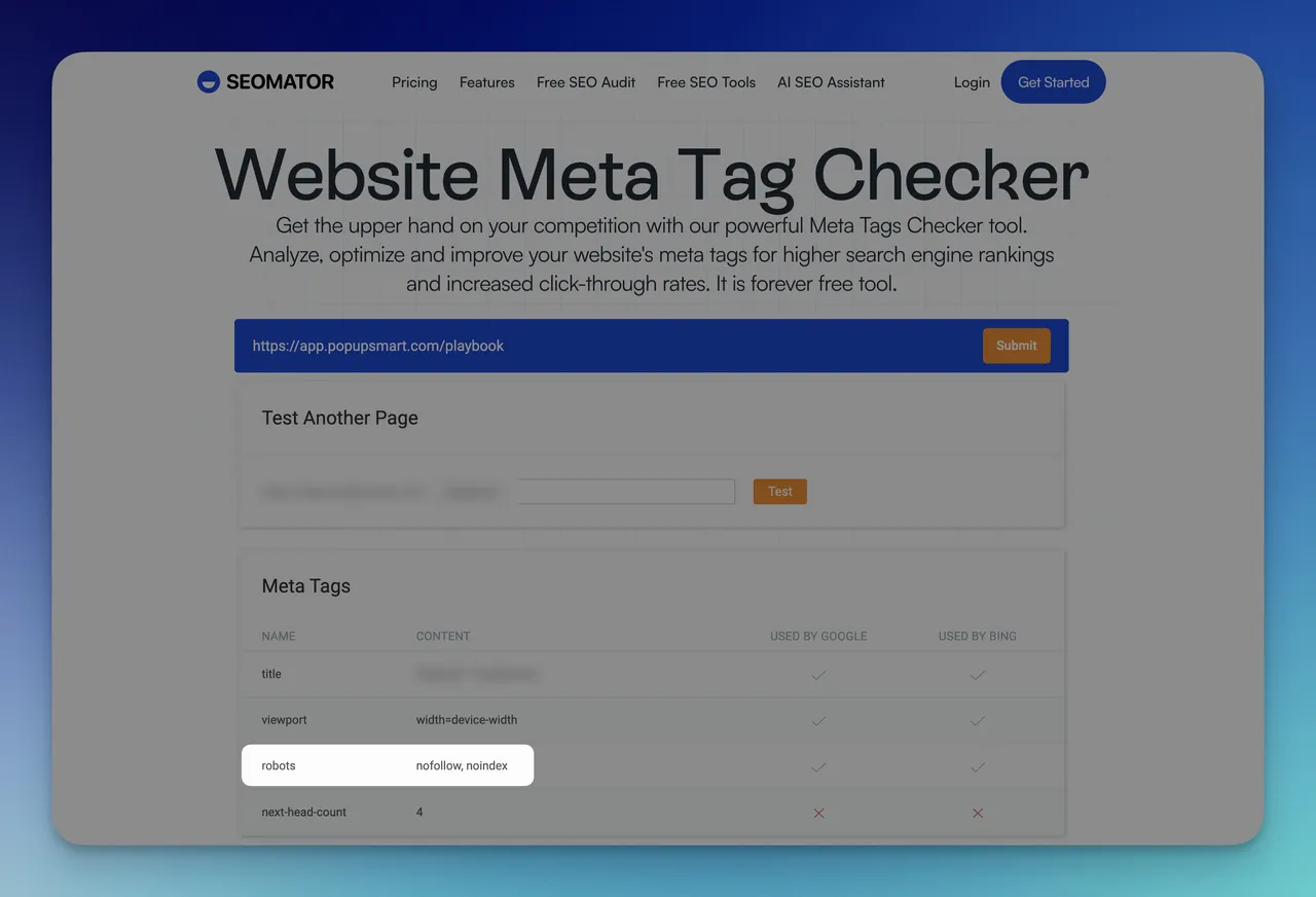 SEOmator's meta tag checker shows if a page has noindex tag