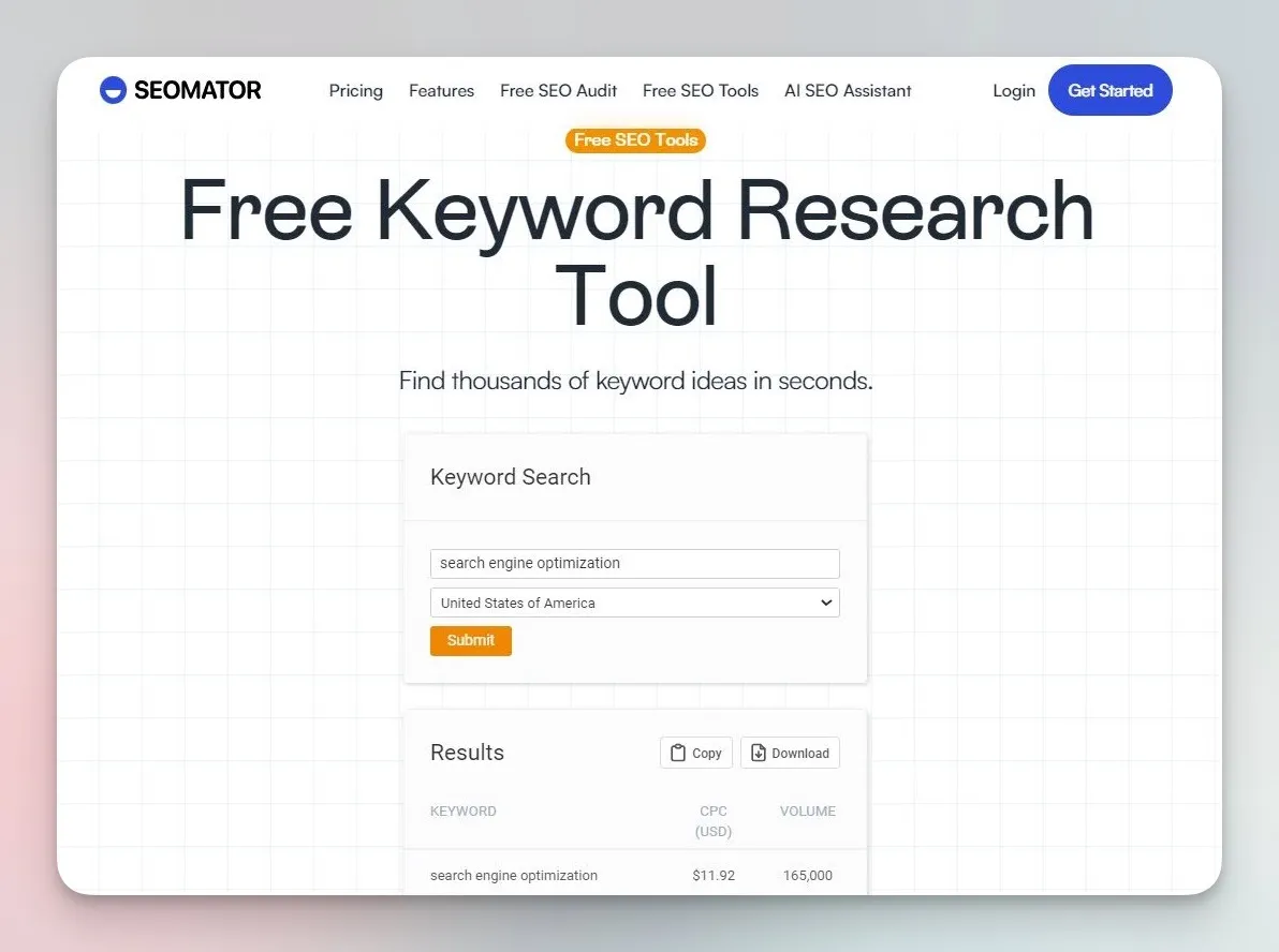 non-branded keyword search on SEOmator's keyword research tool