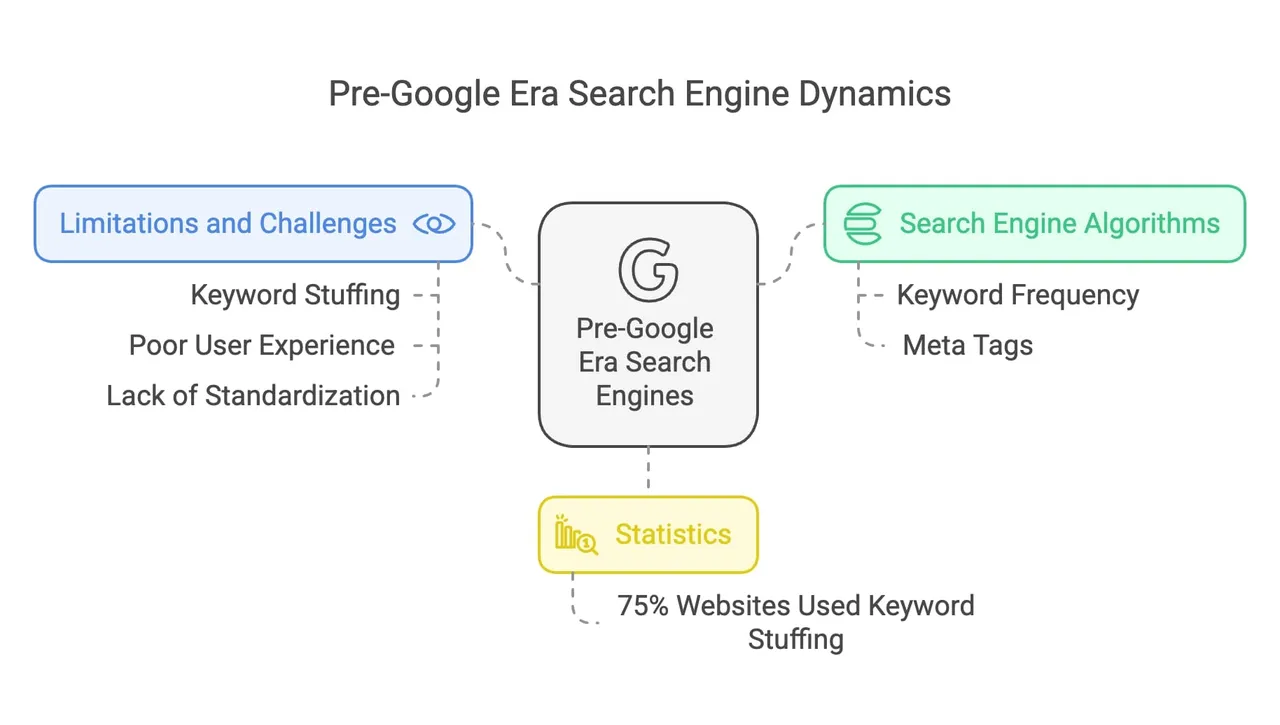 Diagramm zur Funktionsweise von Suchmaschinen vor Google mit Schwerpunkt auf Keyword-Dichte als primärem Ranking-Faktor