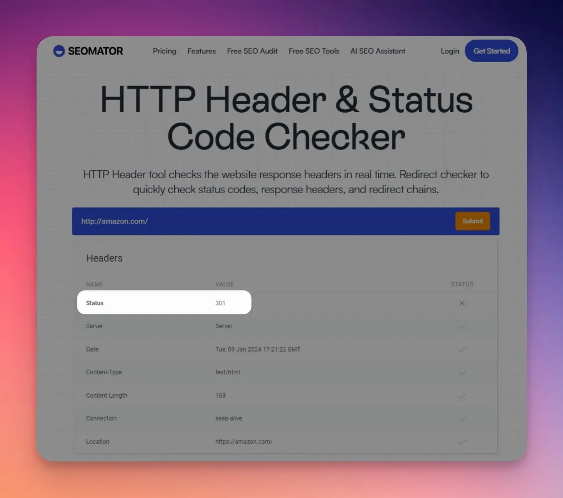SEOmator's http header checker tool to find out if there is a 301 redirect