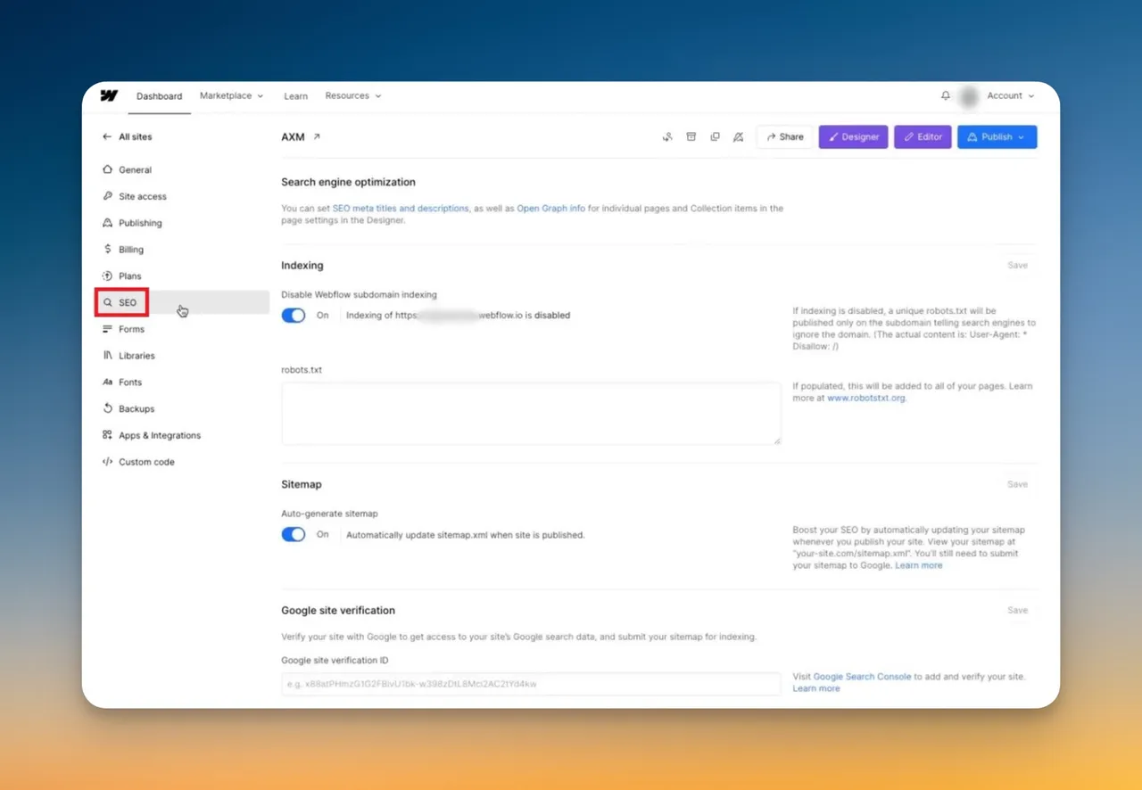 Webflow-Projekt-Dashboard mit dem Einstellungsbereich und SEO-Tab-Navigation für die Sitemap-Konfiguration