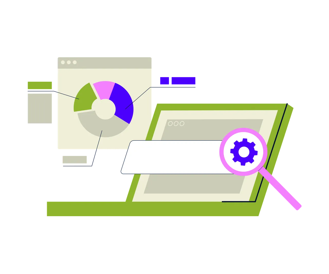 a pie chart and search bar on the laptop