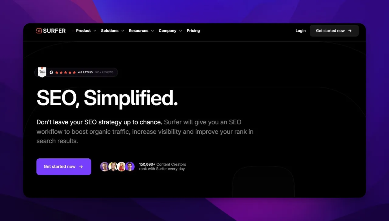 Surfer SEO homepage showing content editor interface