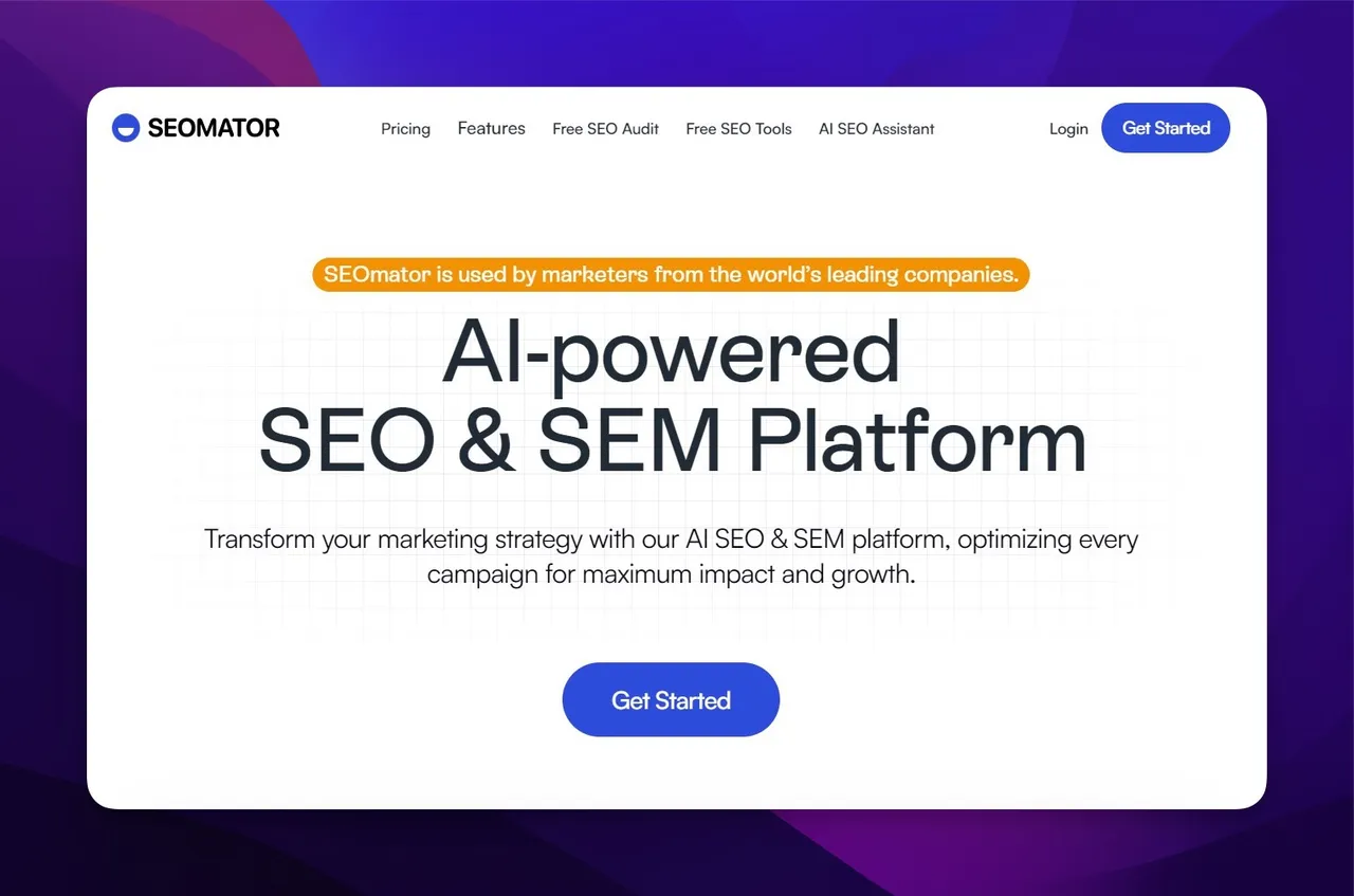 SEOmator homepage showing all-in-one SEO tools dashboard