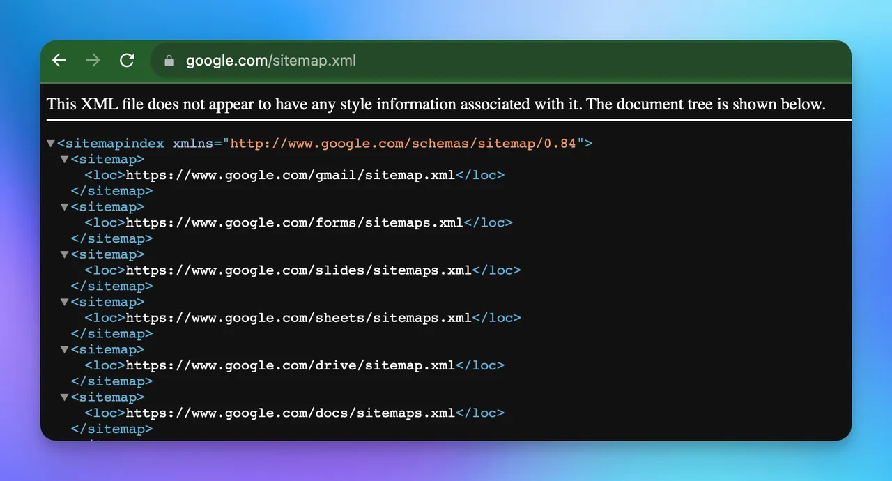 XML sitemap structure showing URLs and lastmod dates