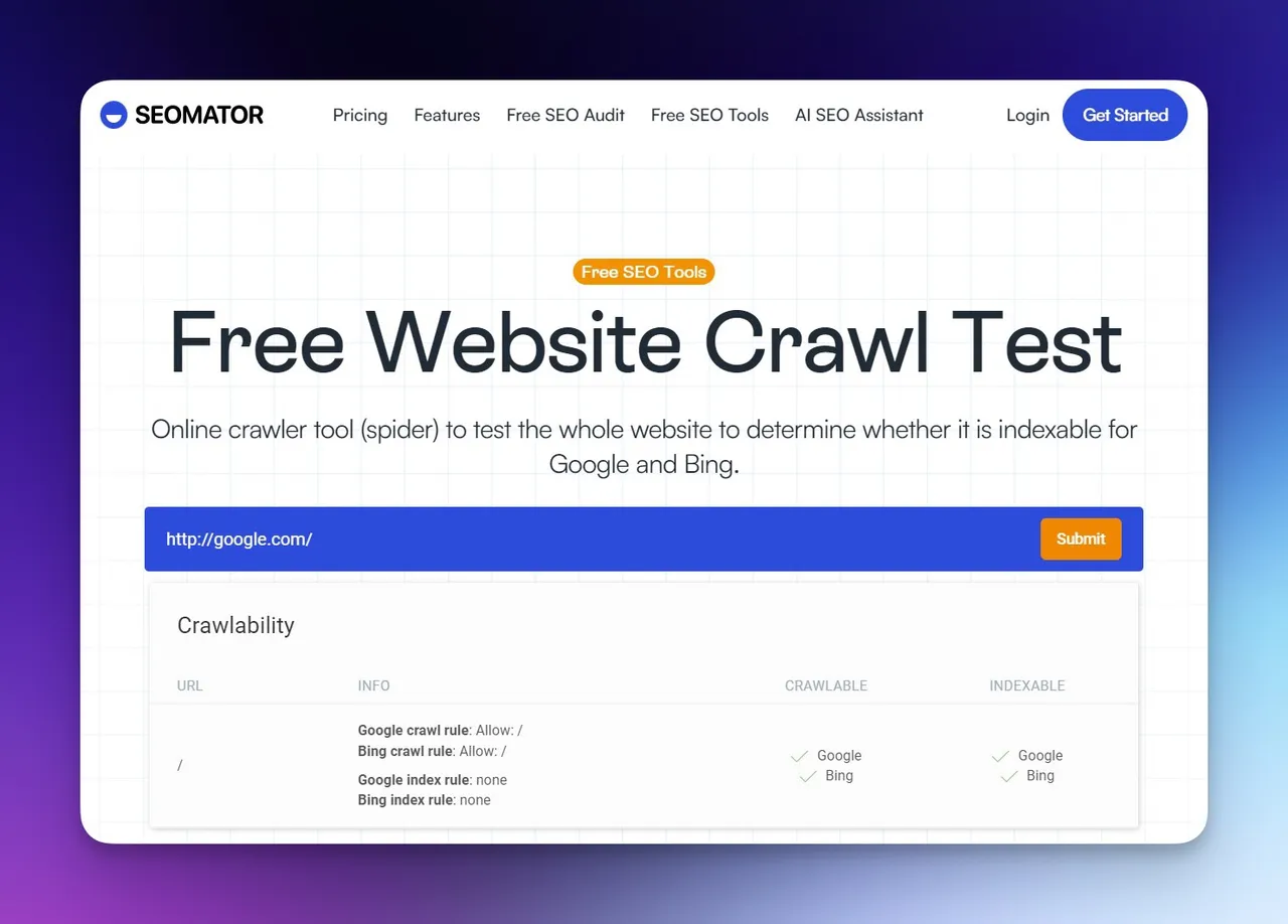SEOmator-Oberflaeche fuer den kostenlosen Website-Crawl-Test mit URL-Eingabefeld zur Durchfuehrung von Site-Audits