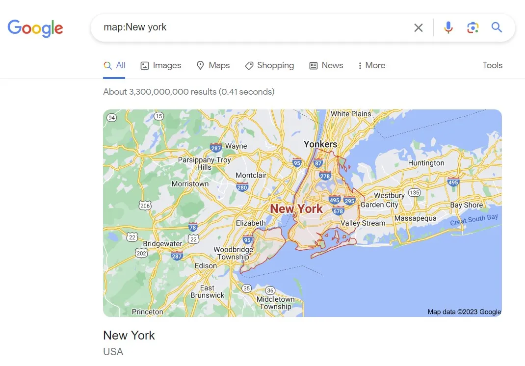 map search operator query showing a map of New York in Google