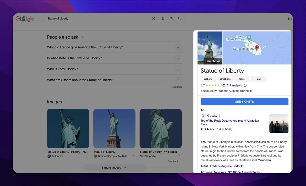 knowledge panel über die freiheitsstatue