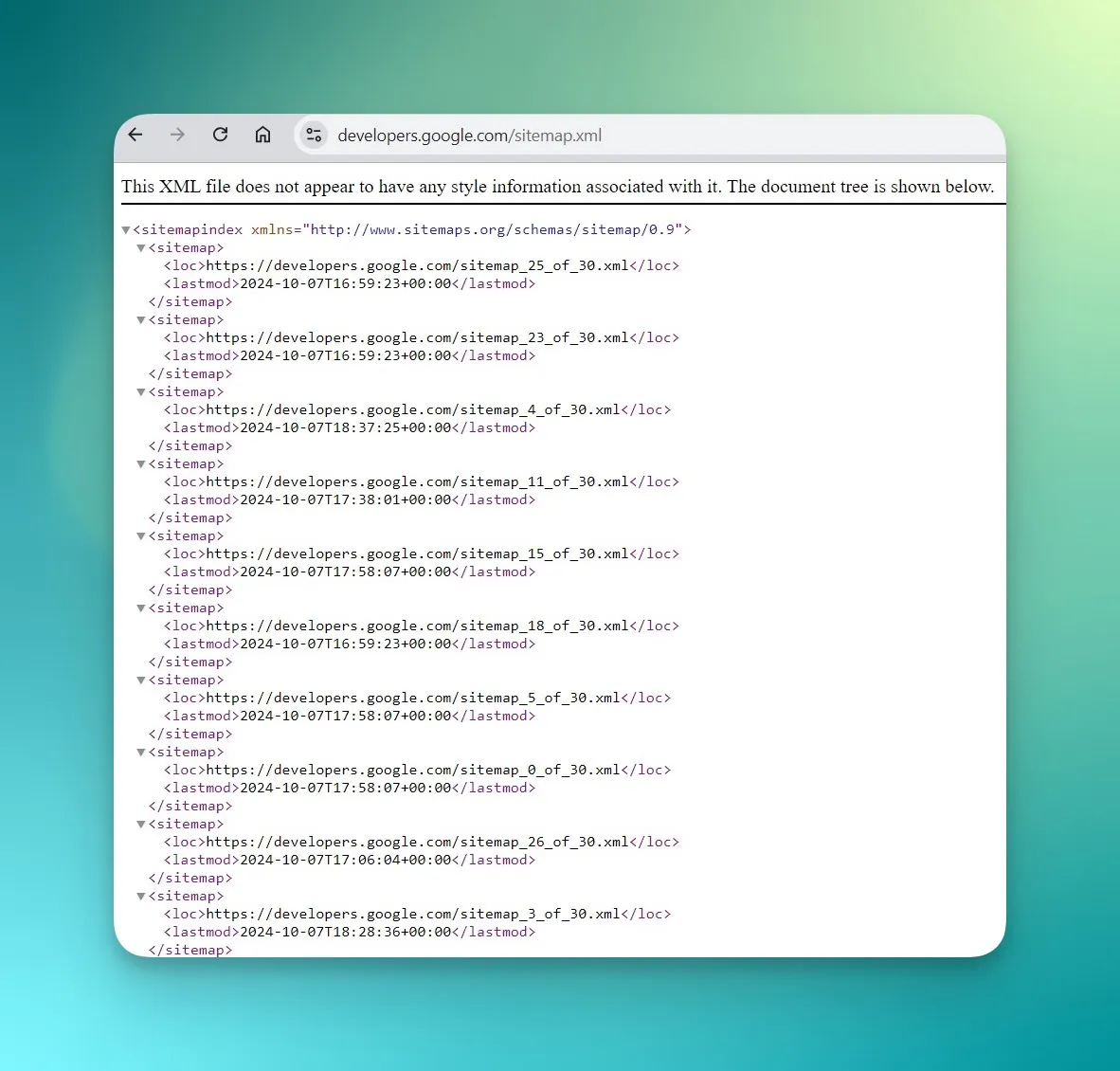 Browser zeigt XML-Sitemap-Datei mit URL-Auflistungen und lastmod-Zeitstempeln